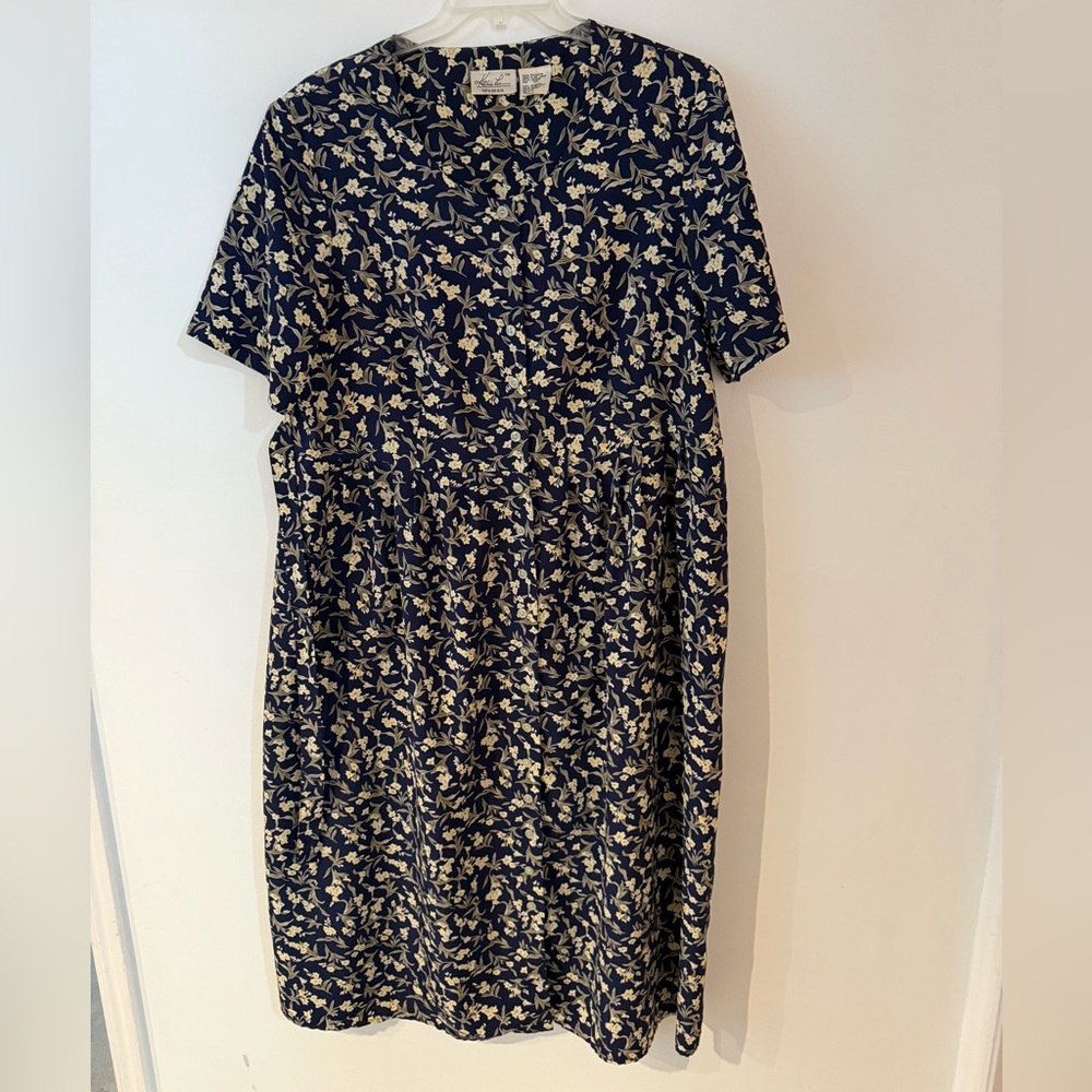 Kathie Lee Collection Dark Blue Leaf Print Midi Dress